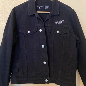 Gently Used Black Denim Jacket with Dodgers Logo